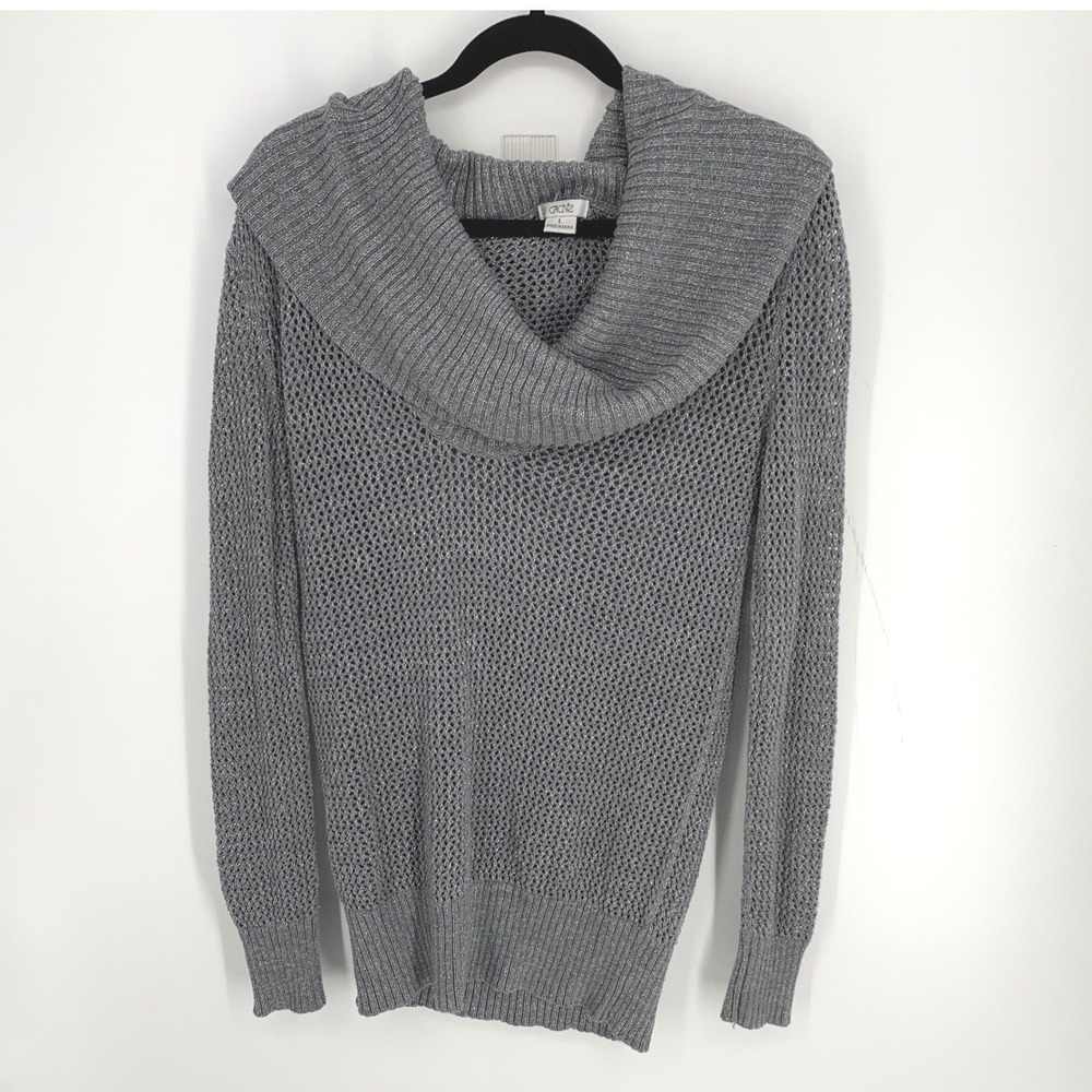 Cachet Gray Metallic Cowl Neck Sweater Large Cotton Cashmere Blend